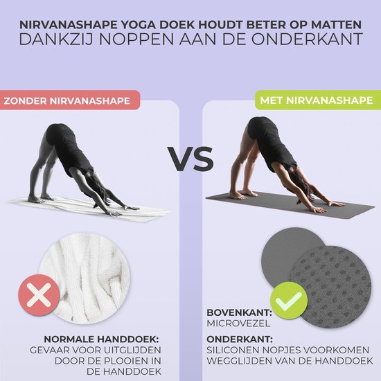 NIRVANASHAPE - Yogahanddoek als yogamat handdoek - antislip noppen - absorberende microvezel - hygiënisch en wasbaar op 40 graden - 185 x 63 cm - grijs/lila — afbeelding 2