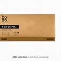 Bruine kartonnen verpakking van het roze Bodo kledingrek. Tekst: 'Altijd veilig thuis in onze Bodo verpakking!'.