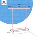 Roze kledingrek met aangegeven afmetingen in centimeters (hoogte 162 cm, breedte tot 132 cm).