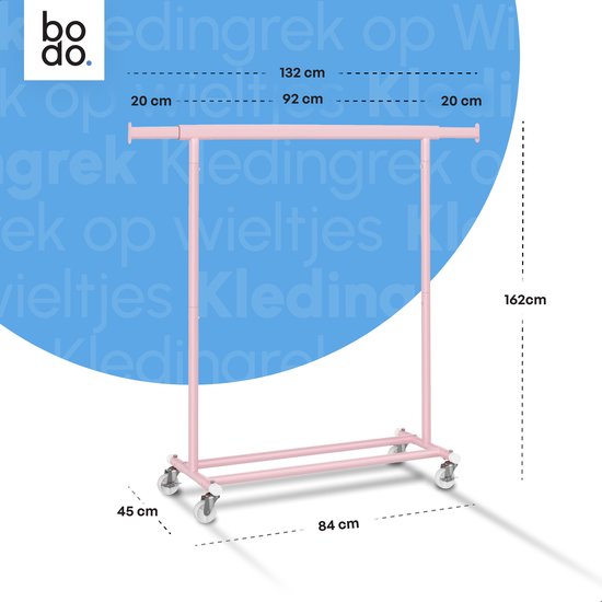 Roze kledingrek met aangegeven afmetingen in centimeters (hoogte 162 cm, breedte tot 132 cm).