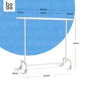 Crème kledingrek met gedetailleerde afmetingen van hoogte, breedte en diepte aangeduid in centimeters.