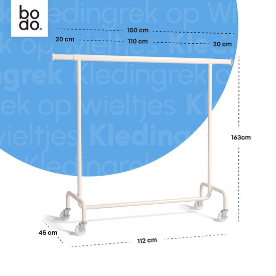 Crème kledingrek met gedetailleerde afmetingen van hoogte, breedte en diepte aangeduid in centimeters.