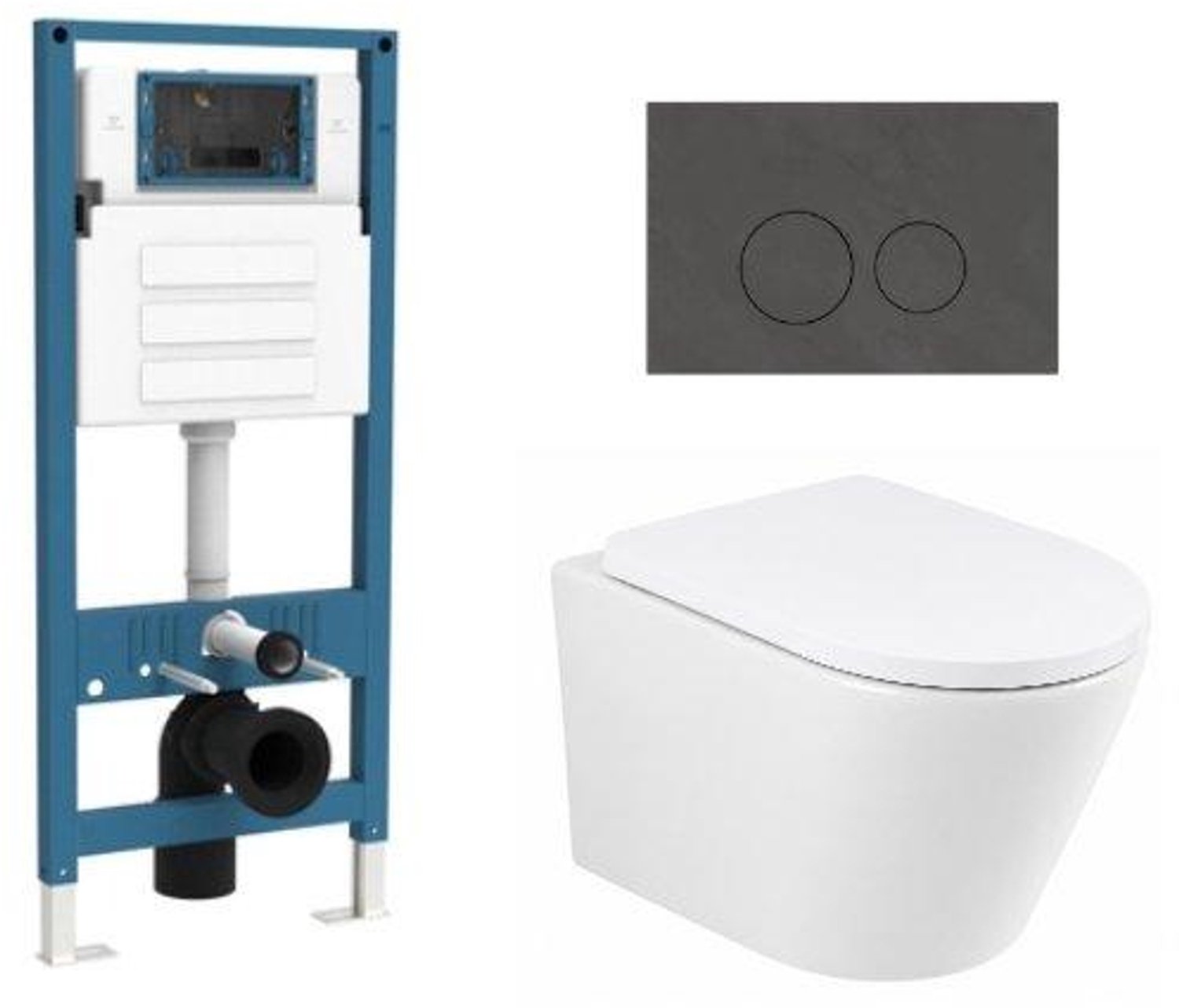 QeramiQ Dely Toiletset - inbouwreservoir Qeramiq Flush - 35mm zitting - natuursteen donker marmeren bedieningsplaat - ronde knoppen - glans wit