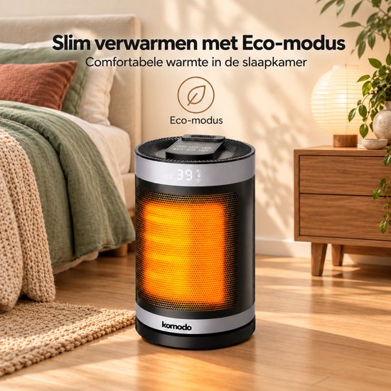 Zwarte keramische kachel in slaapkameromgeving met energiebesparende Eco-modus.