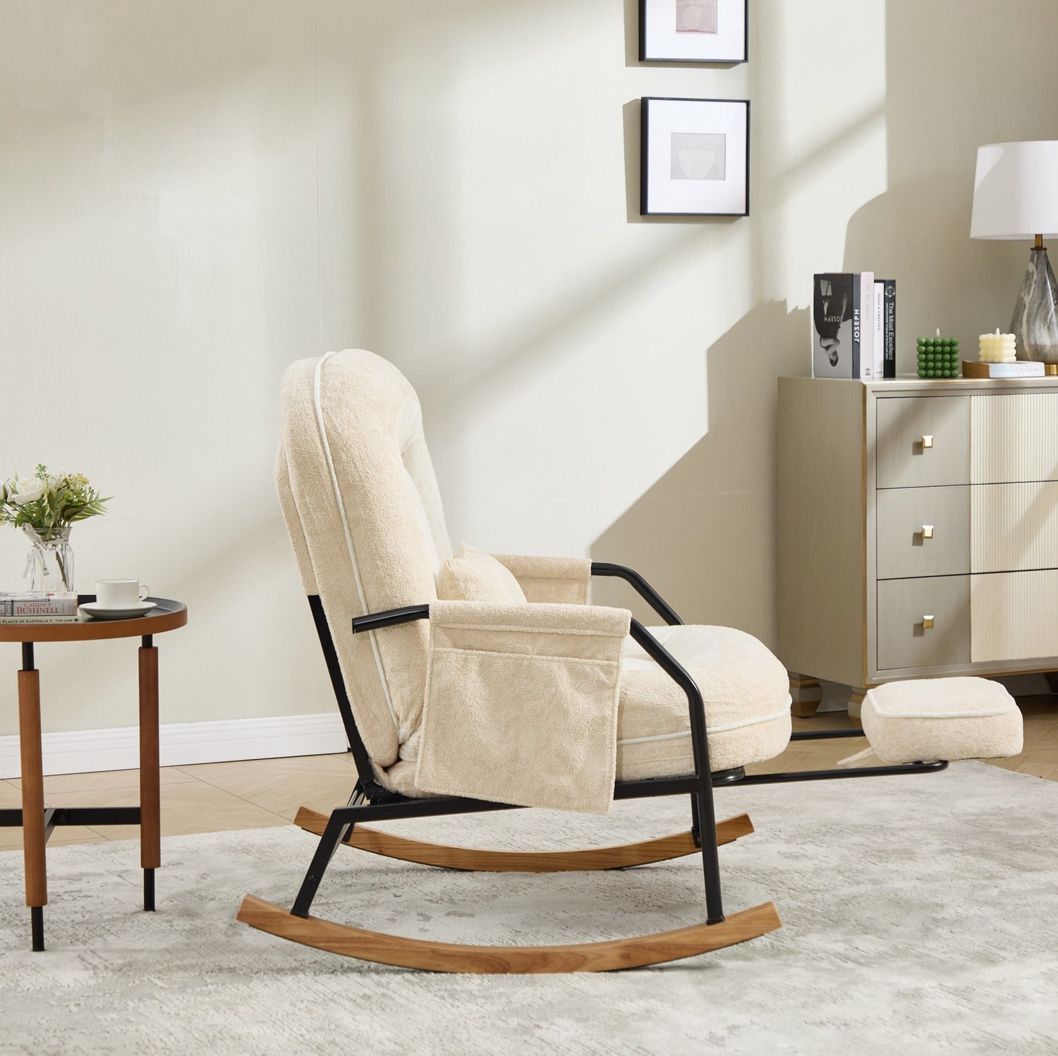 MODENUIT Schommelstoel - Verstelbare Rugleuning Met Voetsteun - Woonkamer - Hout - Beige - 80x87x95 Cm