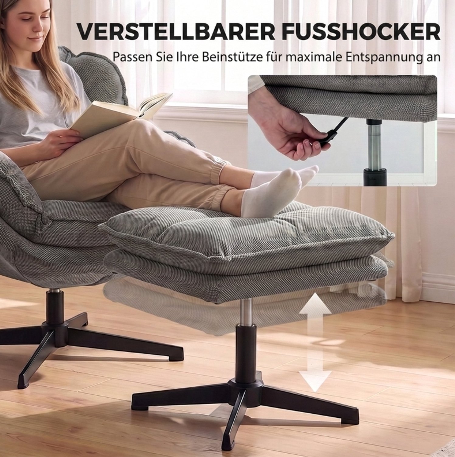 MODENUIT Fauteuil - Hocker Met Verstelbare Hoogte, 360 Graden Draaibaar - Chenille - Grijs - 86x74x85 Cm