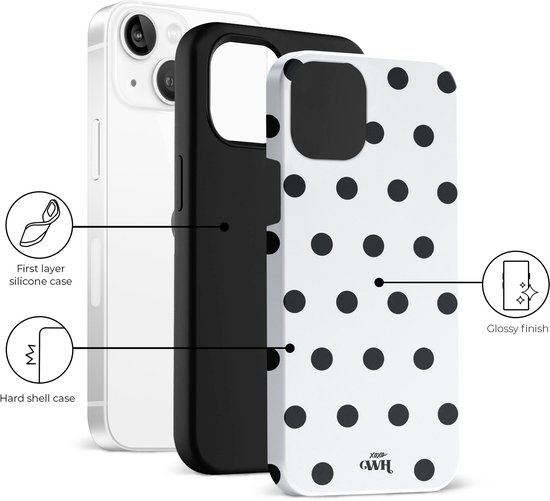 Wit iPhone hoesje met zwart stippenpatroon, toont de siliconen basislaag, harde schaal en glanzende afwerking.