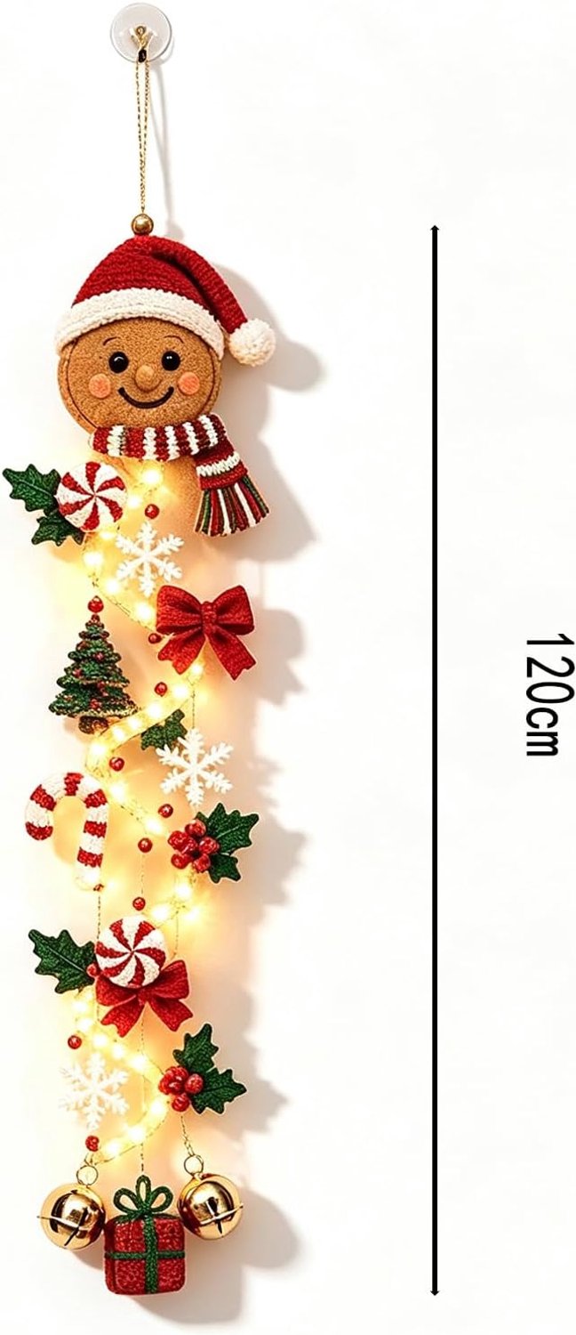 Verlichte Kerstdeurhanger - Gingerbread Man Peperkoekmannetje - Kerstdecoratie voor Deur, Muur & Raam - Verticale Kerstversiering - Rustieke Stoffen Decoratie - Feestelijke Kerstdecoratie voor Binnen – foto 6