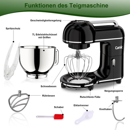 Keukenmachine 2000 W - 7 Liter Mengkom - Kunststof - Zwart - Keukenmixer - Voor Brood En Taart — afbeelding 4