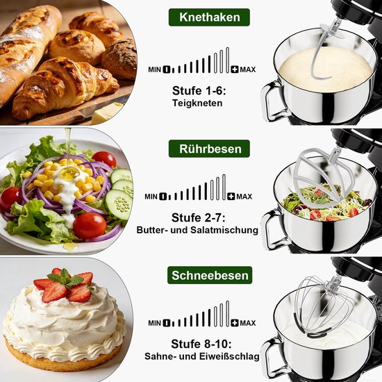 Keukenmachine 2000 W - 7 Liter Mengkom - Kunststof - Zwart - Keukenmixer - Voor Brood En Taart — afbeelding 3