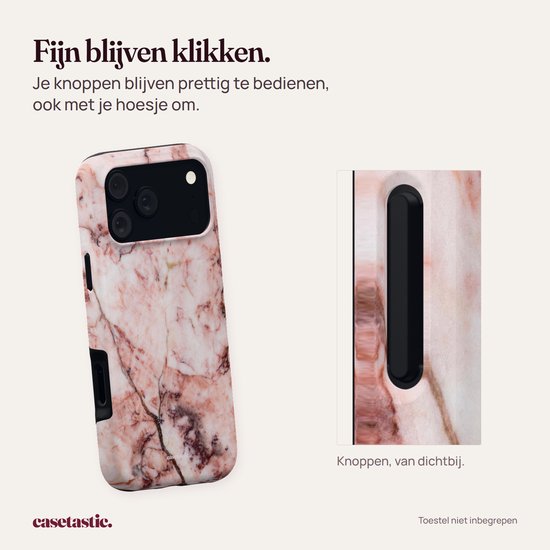 Roze marmeren hoesje met een detailopname van de zwarte, gemakkelijk in te drukken knop aan de zijkant.