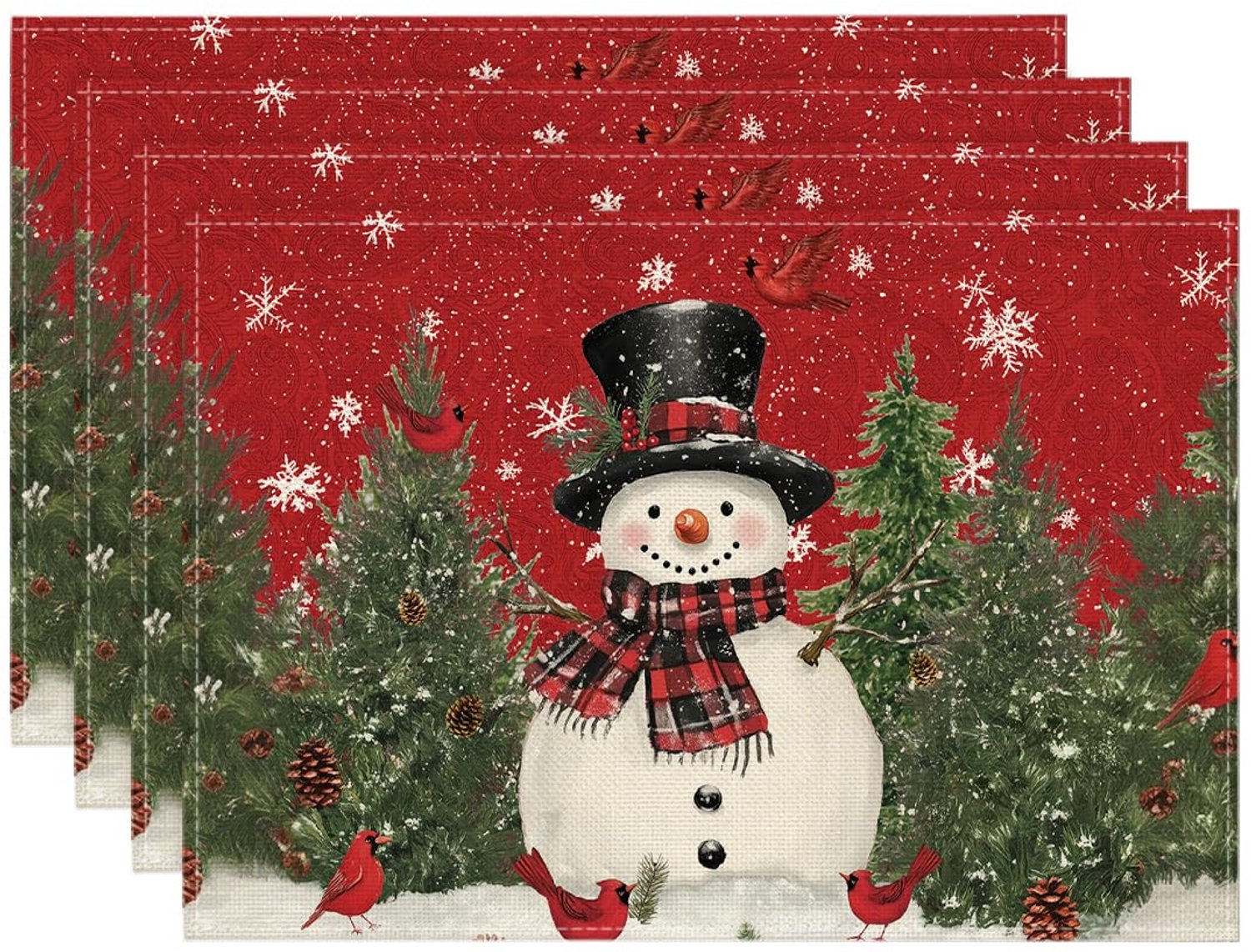 Kerst Placemats Set – 4-Delige Wasbare Tafelmatten met Sneeuwpop en Winterse Print – 30x45 cm