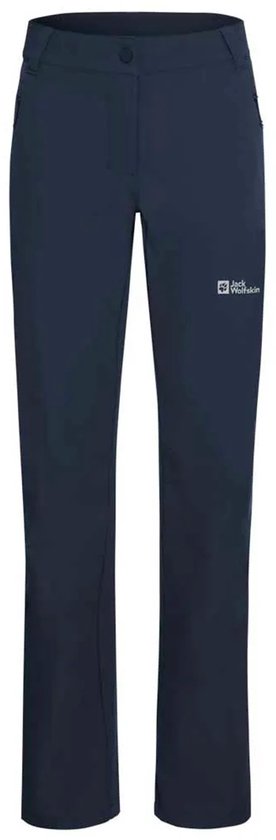 Vue avant d'un pantalon outdoor bleu marine Jack Wolfskin avec logo sur la cuisse et fermeture à bouton.