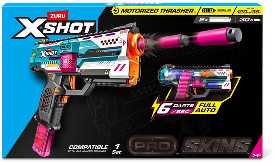 Verpakking van de X-Shot Pro Thrasher automatische speelgoedblaster in blauw, wit en roze met 30 pijltjes.