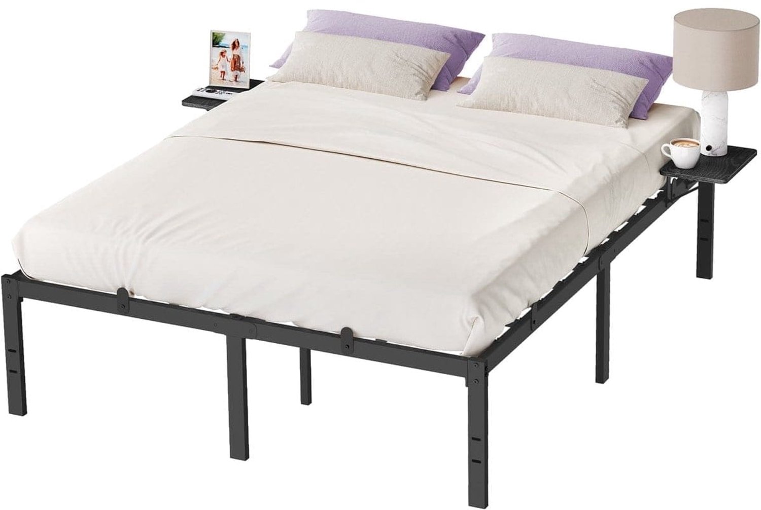 Klarven Bedframe Zwart - Bedframe 140x200 - Metalen Bedframe - Bed Frame - Met 2 Opbergrekken - Draagvermogen 454 kg - 140x200 cm