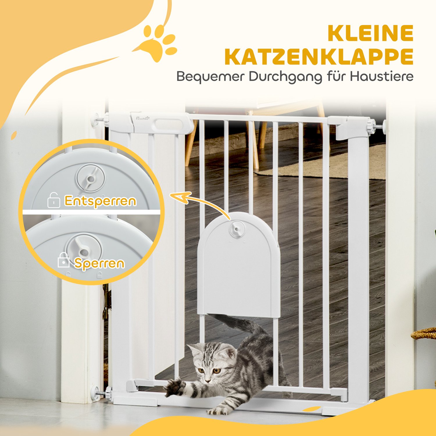Huisdierhek met Kattenluik, Traphekje zonder boren, Klembevestging Tussen 75cm - 82cm, wit, 75cm Hoog – foto 3