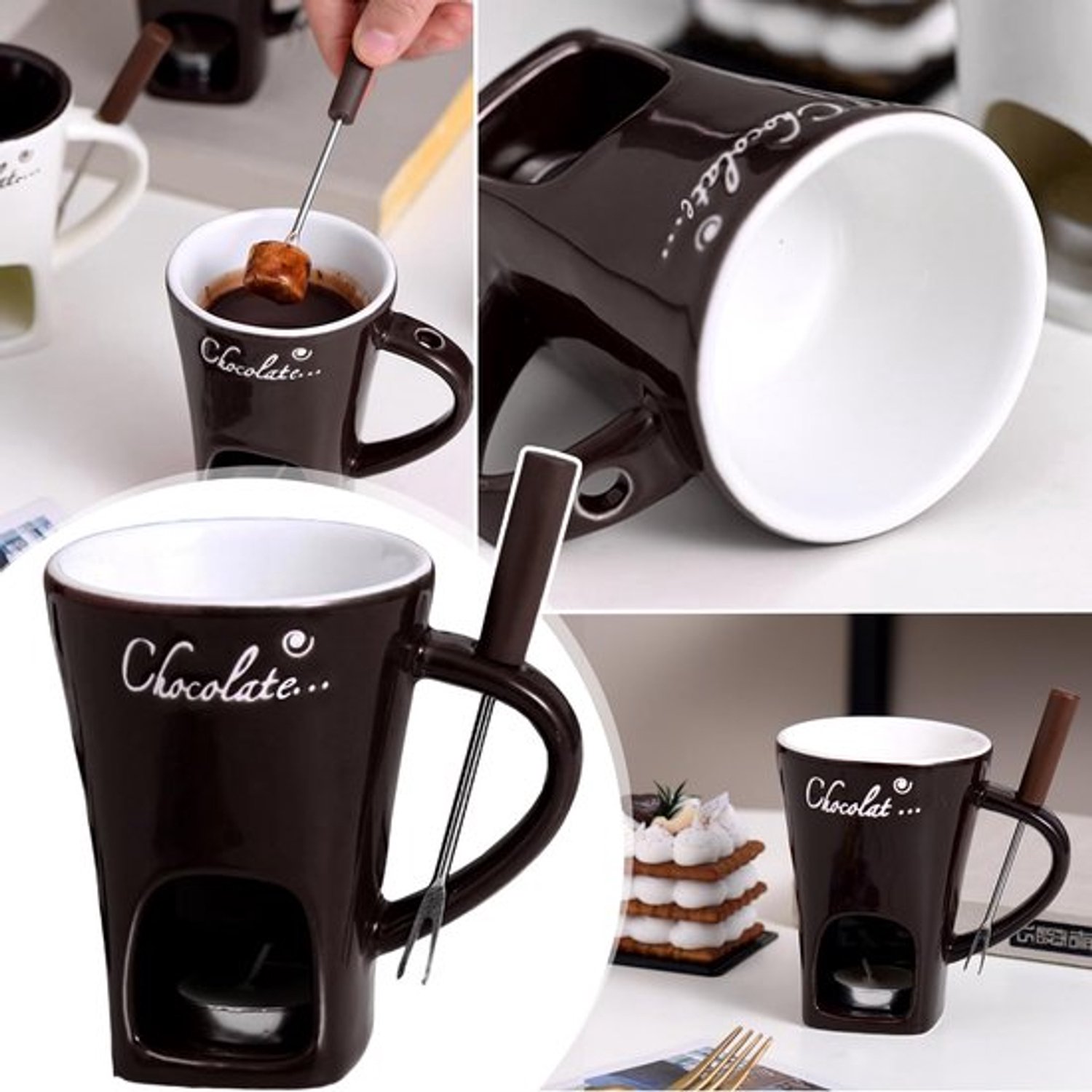 Fonduebeker van keramiek, 200 ml chocoladefondue keramische set, kaasfondue met kaars en vorken, chocoladefondue kopjes, smeltbekers voor snoep en chocolade (C)