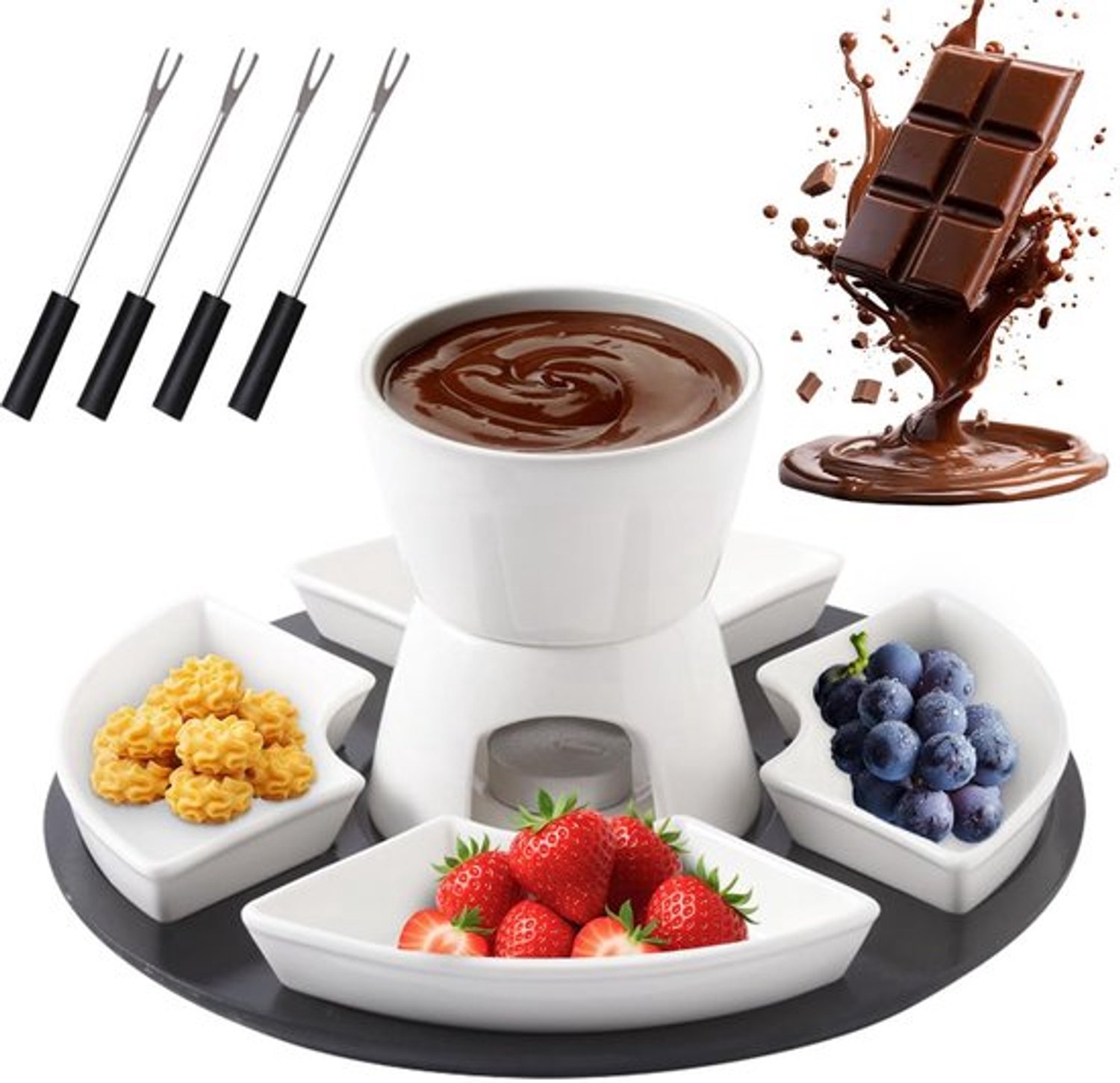 Chocoladefondueset, keramische mini-chocoladefondue, kaasfondue, set met 4 keramische borden en 4 vorken en 1 dienblad, chocoladefondue, verwarmd met een theelicht voor snoep, boter en kaas