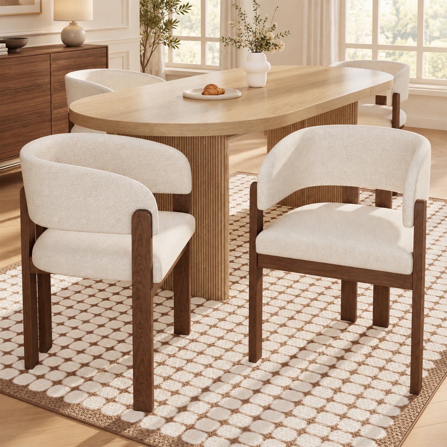 MIVRAY Eetkamerstoel Set Van 6 - Armleuningen Bouclé Bekleding - Hout - Beige Walnoot