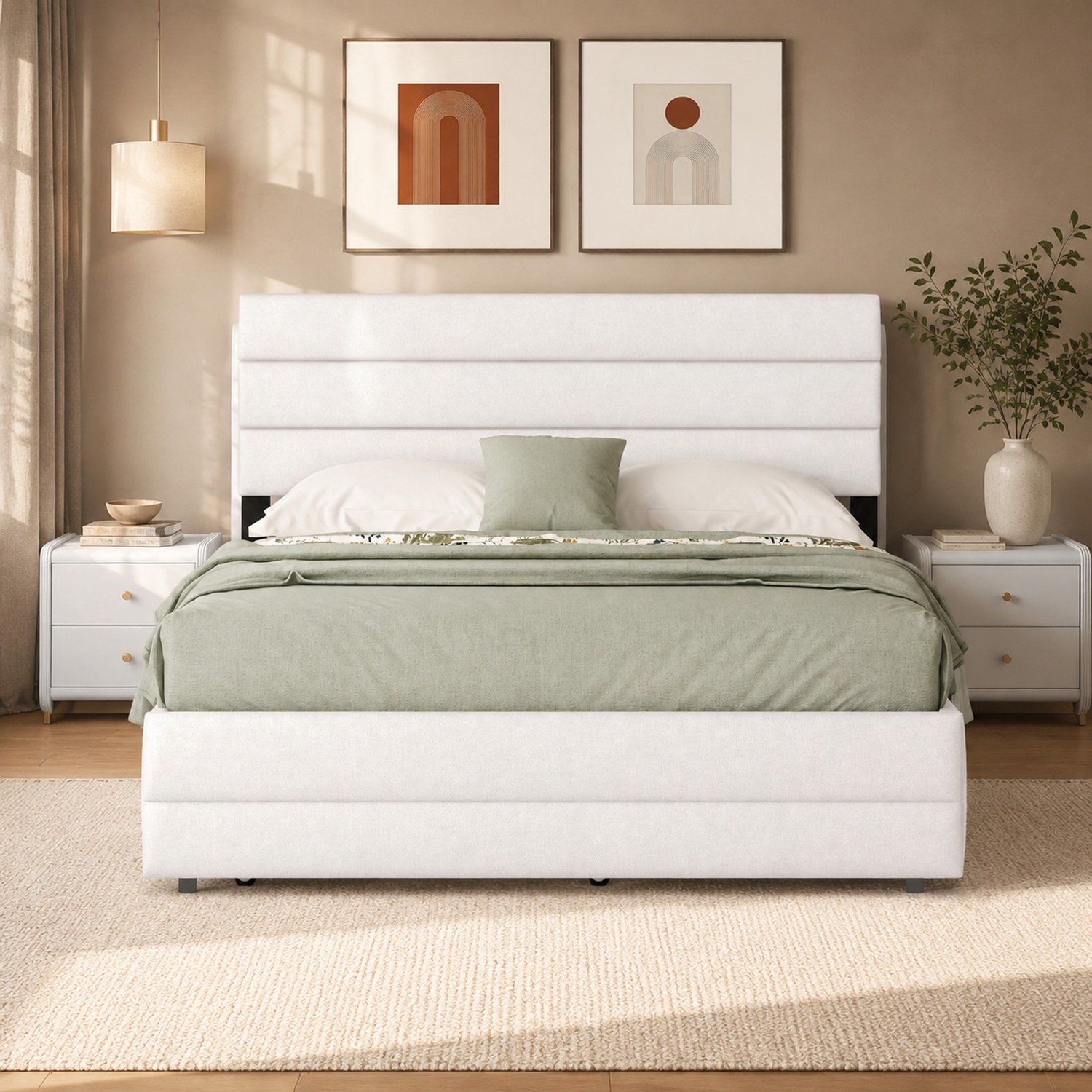 WUVRIE Gestoffeerd bed 140x200 cm - Uitschuifbaar bed 90x190 cm en 2 opberglades - Beige