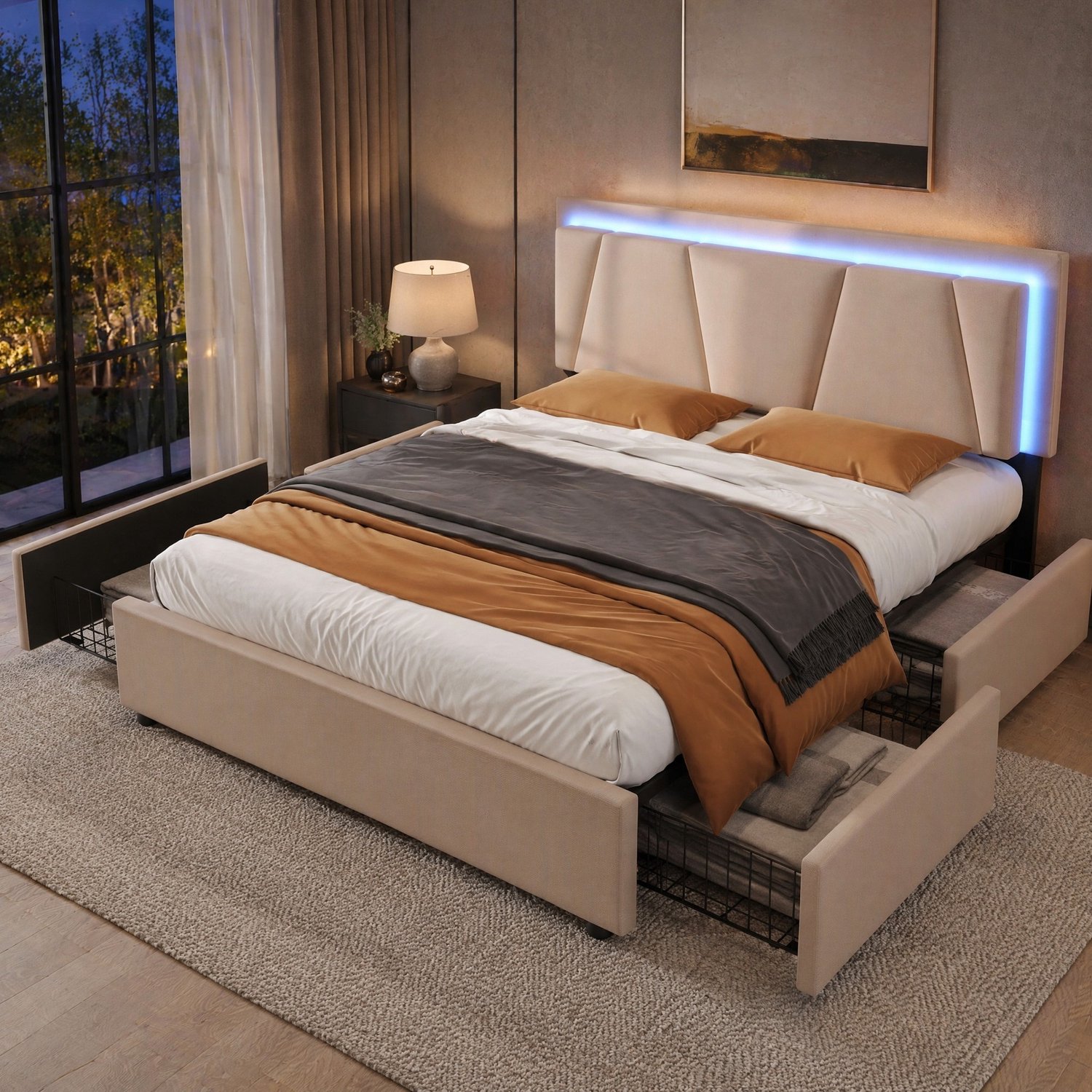 WUVRIE Gestoffeerd tweepersoonsbed 140x200 cm - Verstelbaar hoofdeinde, LED en 4 lades - Beige