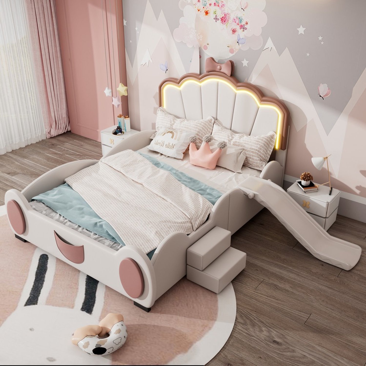 KOMHTOM Kinderbed - 140x200 cm - PU - Wit - Roze - Vlinderbed - Glijbaan - Ladder - LED-verlichting Roze+Wit