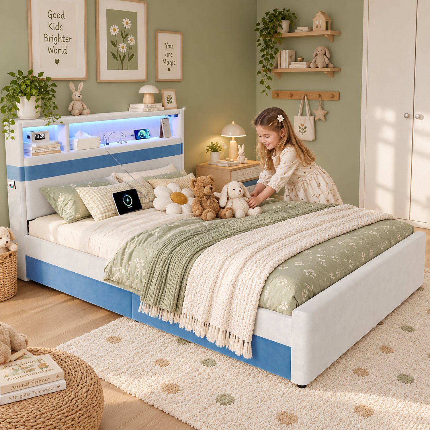 STILVORA Bed 140x200 cm – Hoofdbord met Licht en Oplaadpunt – 4 Lades – Voor Kinderen en Jongeren – Fluweel – Zonder Matras – Wit en Blauw