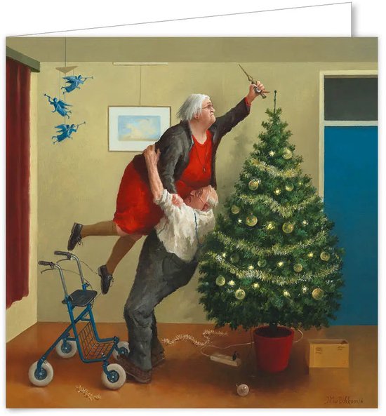Illustratie van een oudere man die een oudere vrouw optilt zodat zij de piek in de kerstboom kan plaatsen.