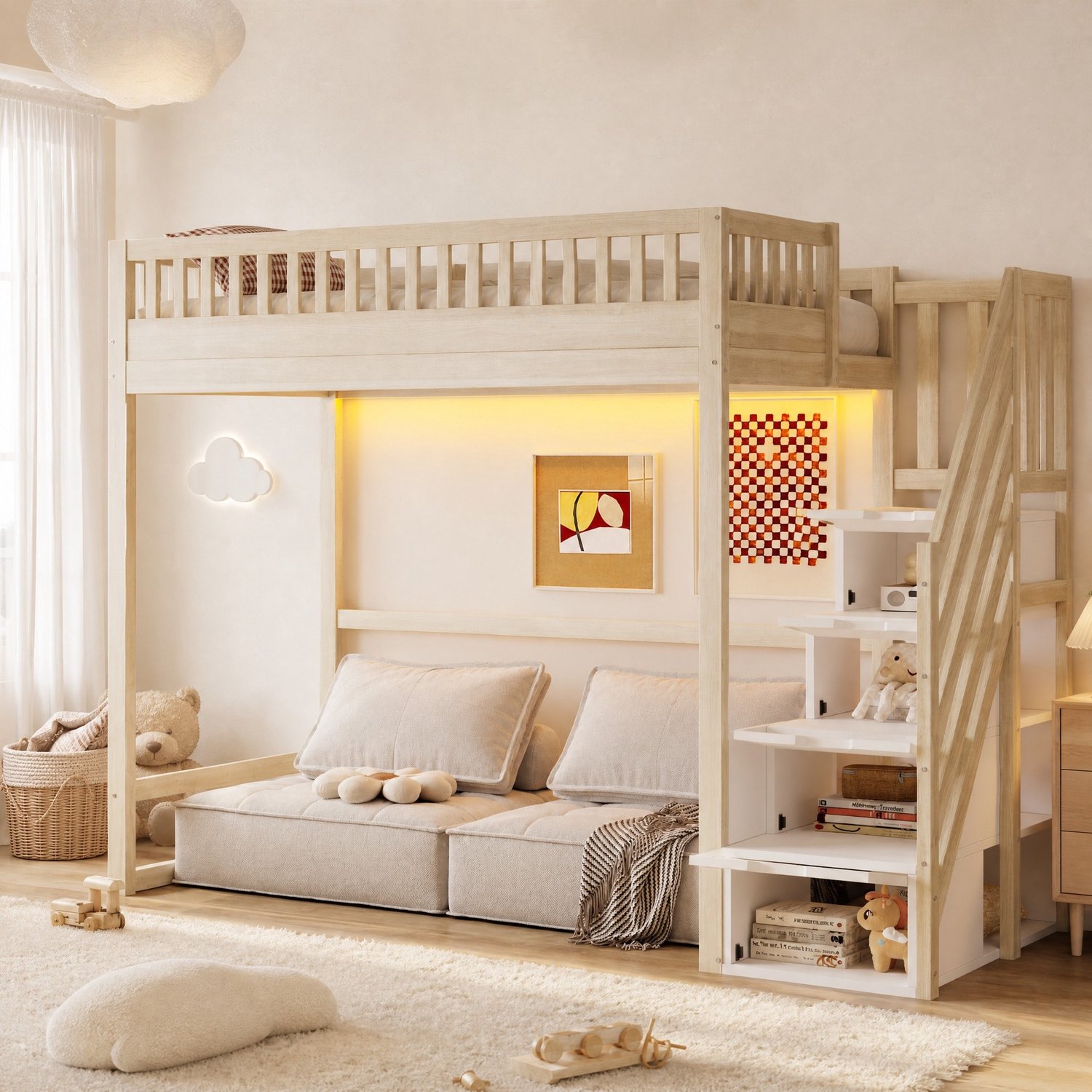 WUVRIE Hoogslaper 90x200 cm - Trap met opbergruimte en beschermhek - LED-verlichting - Naturel Naturel hout