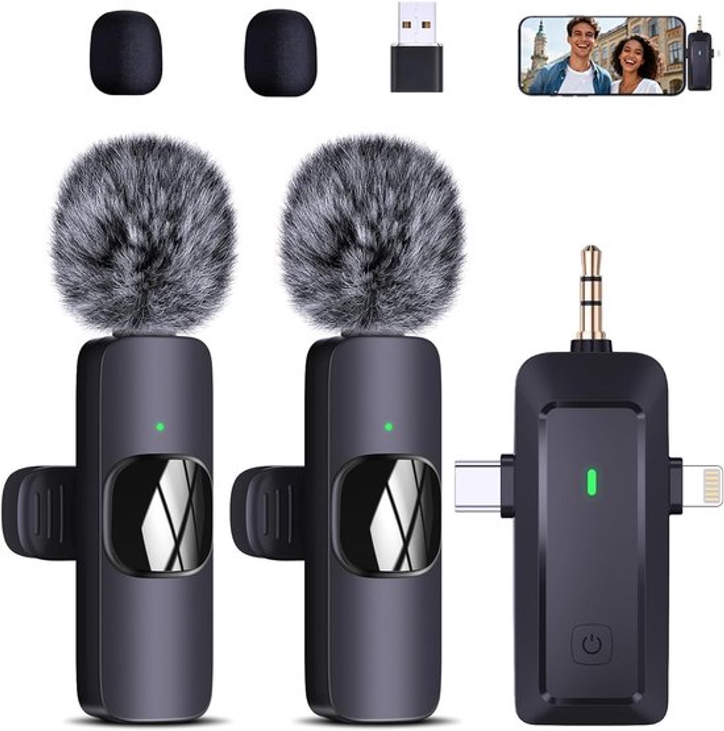 Draadloze lavalier-microfoon voor iPhone/mobiele telefoon/camera/computer, 4-in-1 draadloze microfoon met windbescherming voor video-opname, live streaming, vlog, TikTok