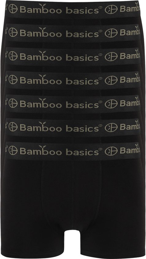 Zeven zwarte Bamboo Basics boxershorts in een stapel, met grijs merklogo op de elastische tailleband.