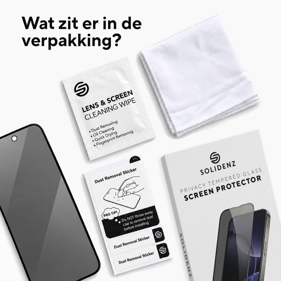 Inhoud van de verpakking: Solidenz screenprotector, reinigingsdoekje, reinigingswipe en stofverwijderingssticker.