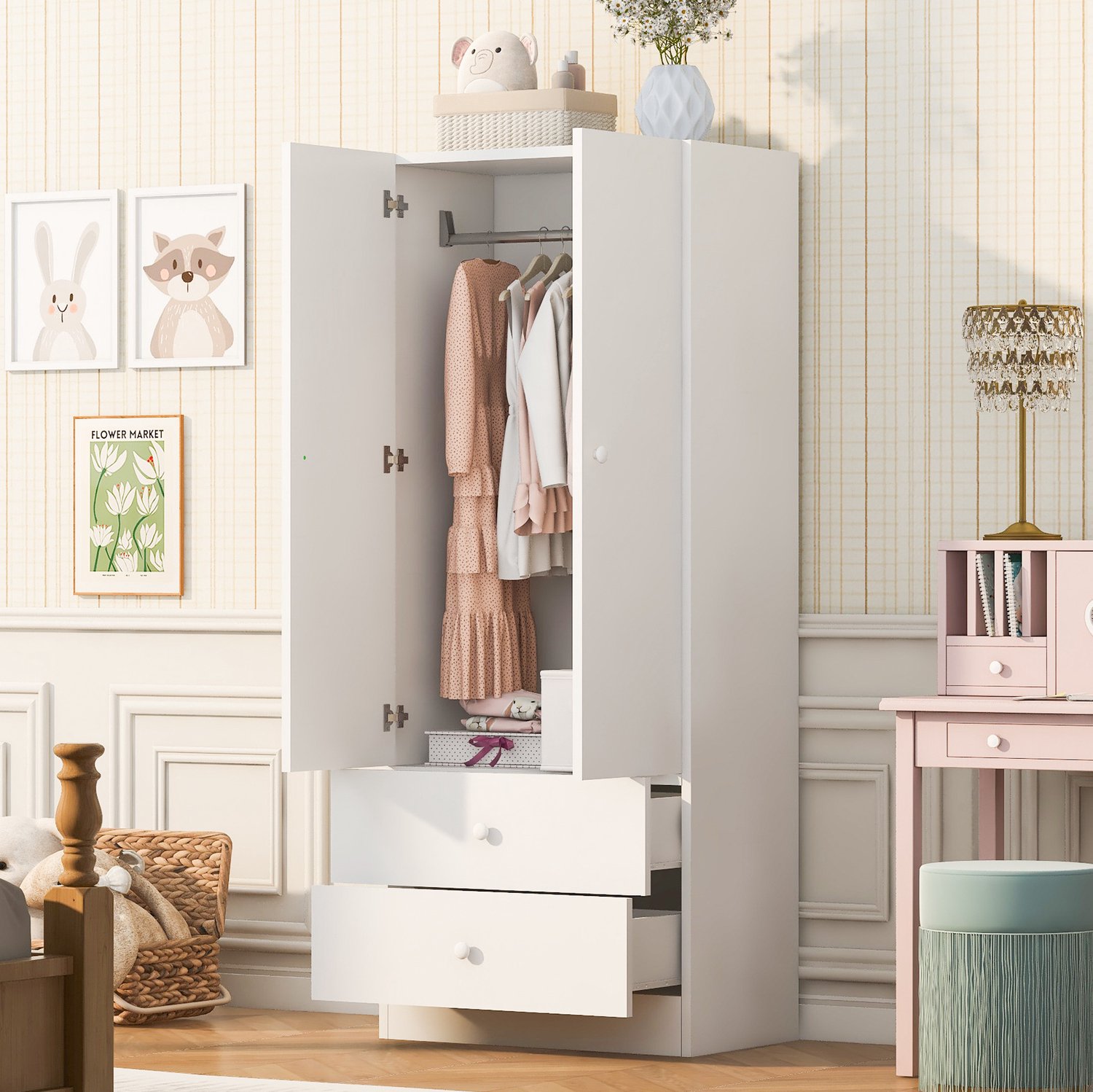 Wishdor Kledingkast met 2 lades en hanggedeelte - Gesloten kast met draaideur en opbergruimte voor kleding en accessoires - Moderne stijl - Slaapkamer en kleedkamer - MDF en multiplex - Roze en wit - 70 x 40 x 170 cm