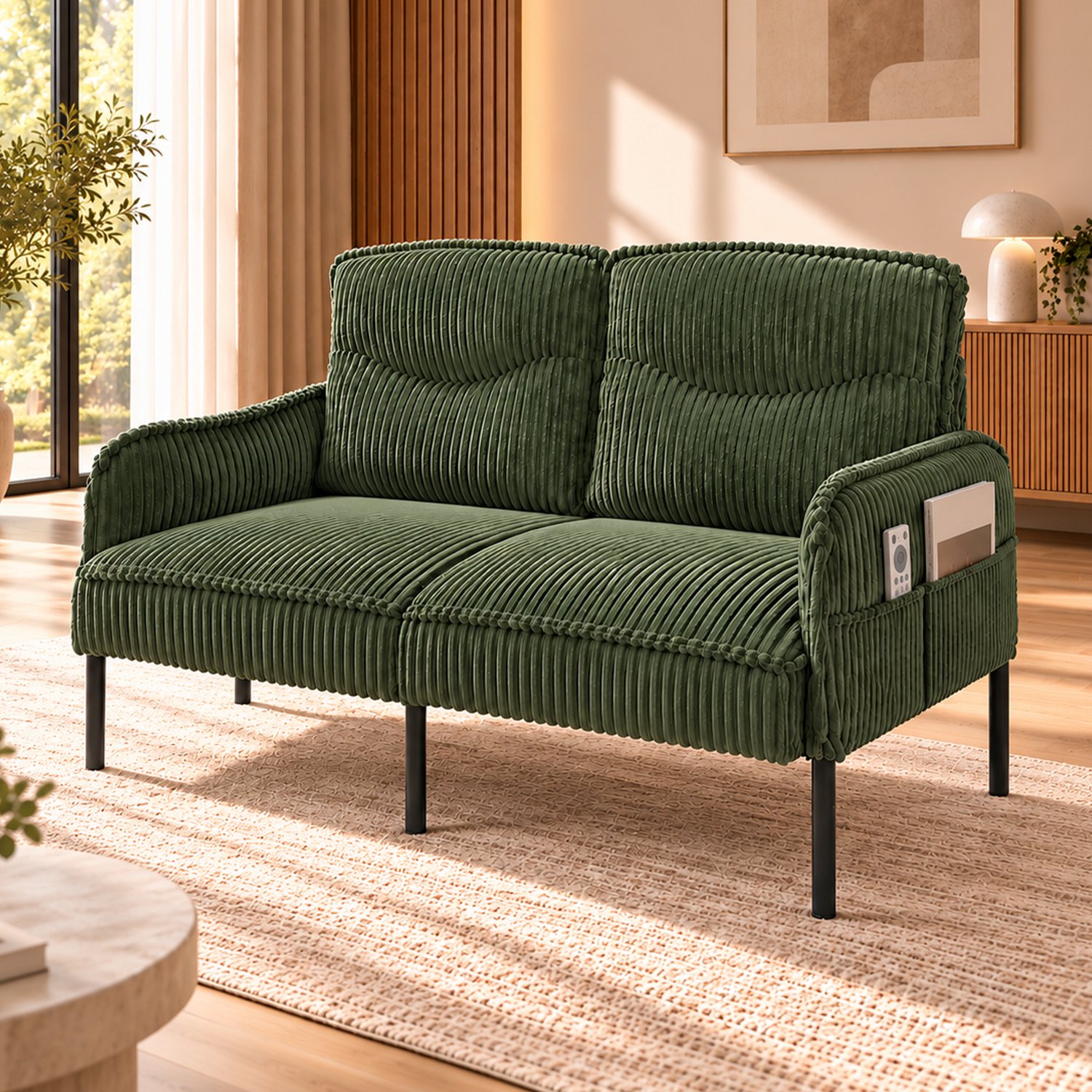 Wishdor 2-zitsbank - Compacte zitbank met zijvakken en hoge rugleuning - Zachte ribstof en armleuningen - Voor woonkamer slaapkamer appartement en leeshoek - Metalen poten - Groen - 122 x 73 x 83 cm