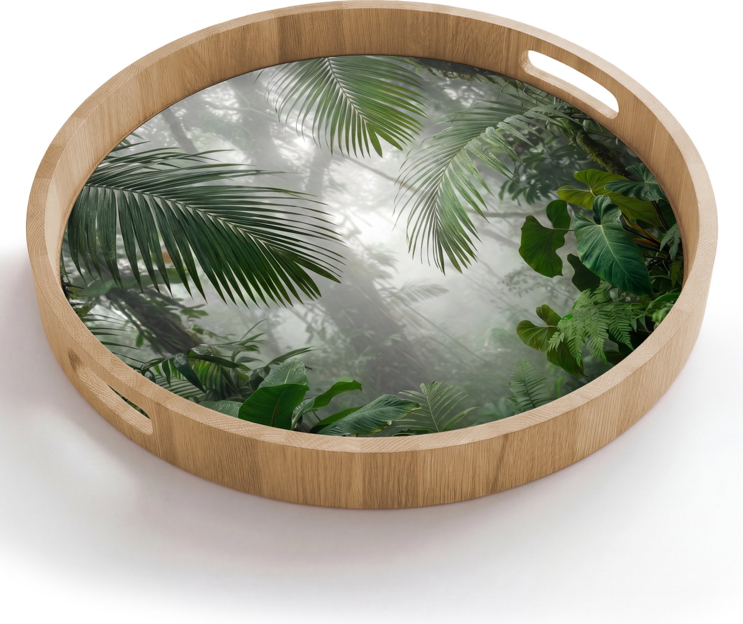 Dienblad rond 50x50 cm - Schootdienblad hout - Natuur - Jungle - Mist - Tropisch - Groen - Borrelplank rechthoek - Plateau houten dienbladen
