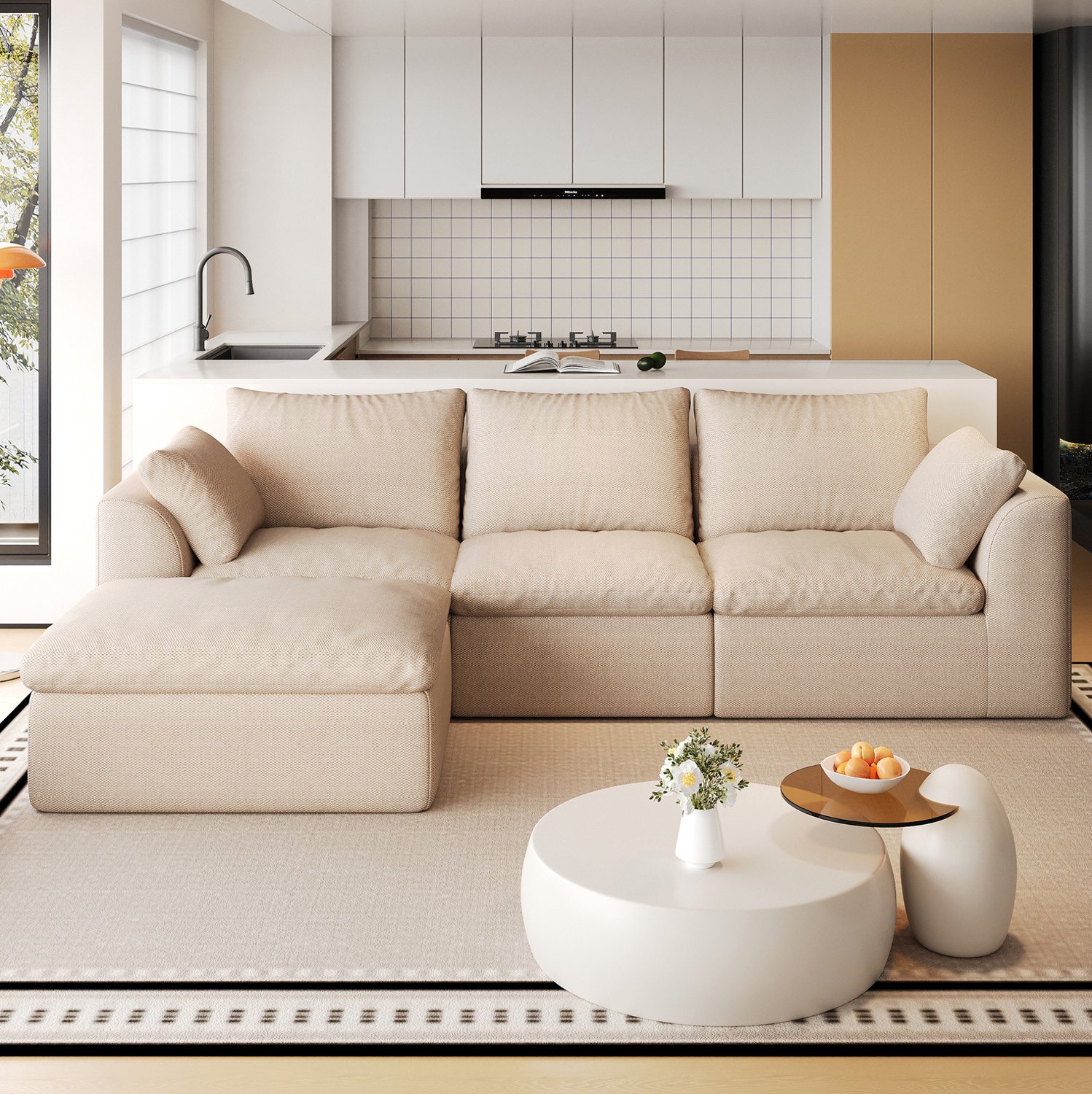 MIVRAY Hoekbank 245 x 155 x 83 cm - L Vormige Vierpersoonsbank met Zachte Schuimvulling - Voor de Woonkamer - Linnen - Khaki