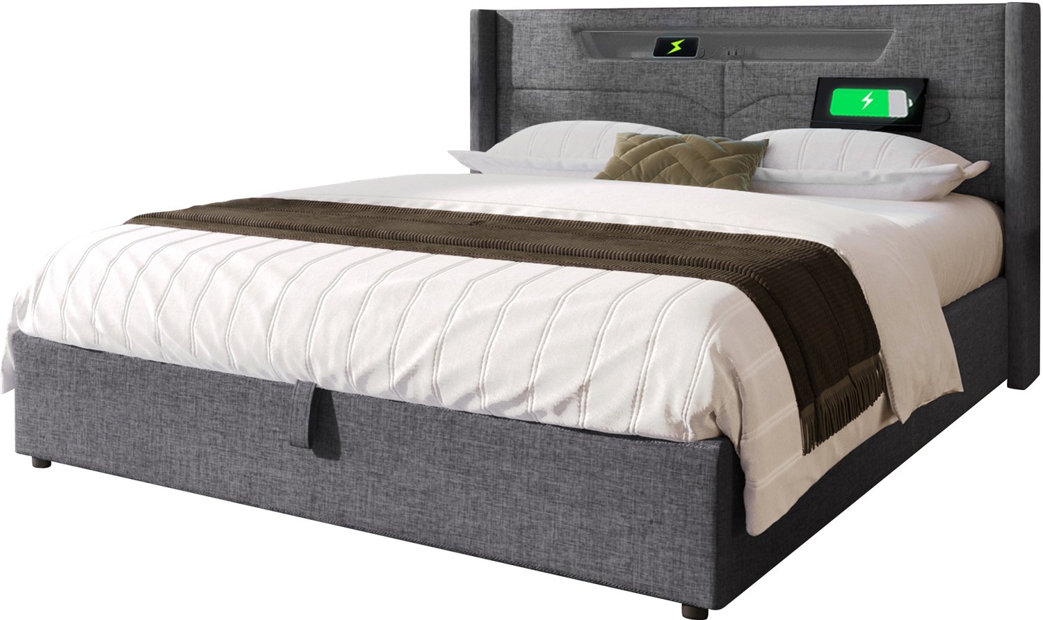 MUVANO Gestoffeerd bed 140x200 cm - grijs tweepersoonsbed met LED-verlichting - bed met USB-C-aansluiting - linnen bed met opbergruimte en lattenbodem