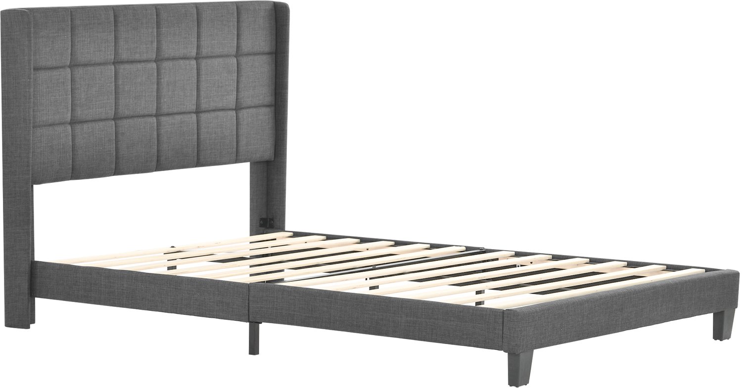 MUVANO Gestoffeerd bed 140x200 cm - Tweepersoonsbed met matras - Lattenbodem - Linnen met gewatteerd hoofdbord - Voor slaapkamer - Grijs