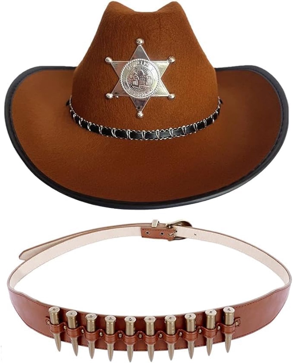 Cowboyhoed, dames lederlook hoed, carnavalshoed met band, cowboyhalster en riem, accessoire voor western party, cosplay, themafeest, carnaval