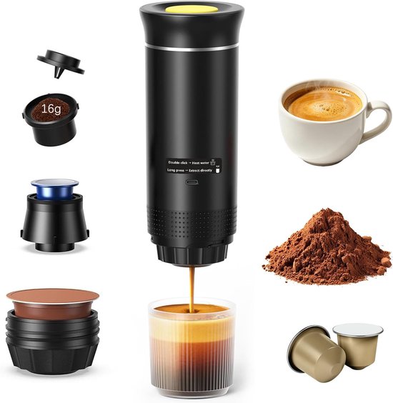 3-in-1 accu-koffiepadmachine, draagbaar koffiezetapparaat, auto-espressomachine met digitaal display, compatibel met capsules en gemalen koffie, 5 minuten snelle verwarming voor camping, camper en