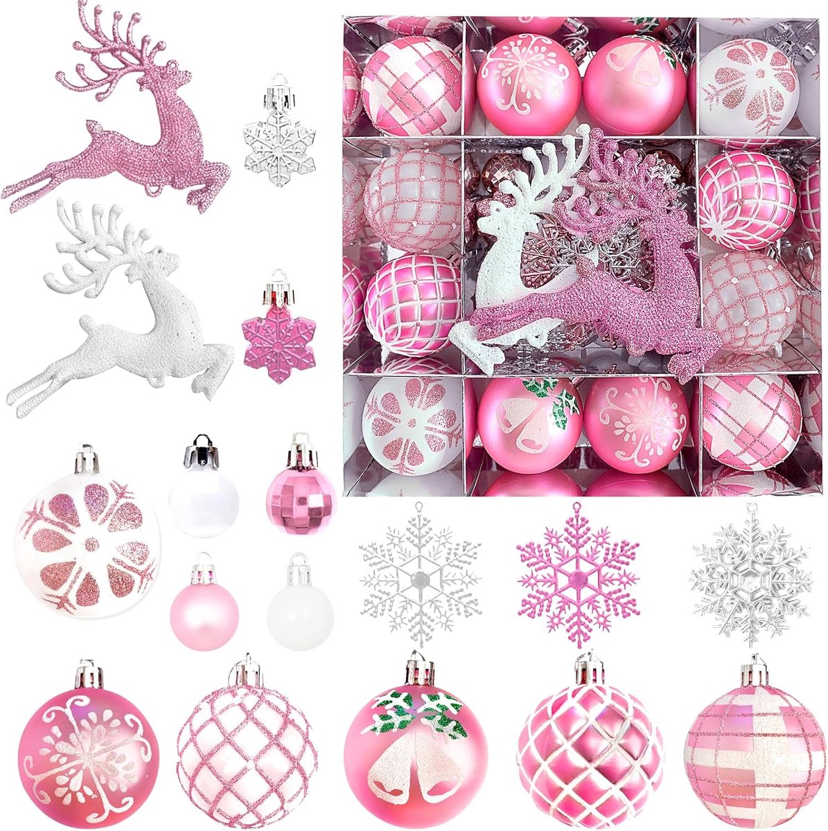 Kerstballen, roze en witte kerstboomversieringen, mini-kerstballen voor kerstboomdecoraties, perfect voor vakantiefeesten, bruiloft
