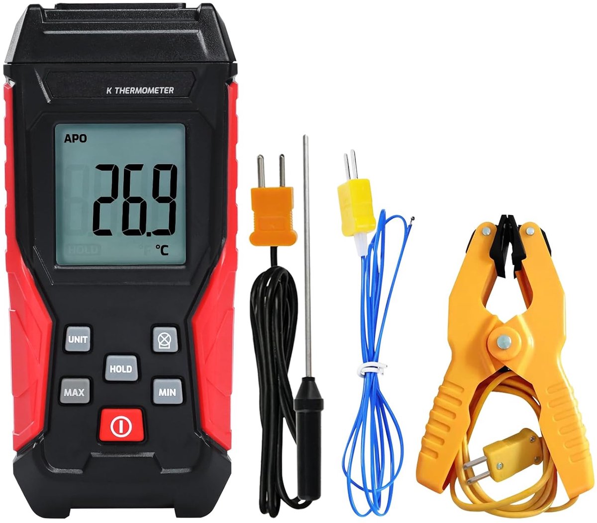 Digitale thermometer type K met 2 thermokoppelsensoren en 2 temperatuurklemmen, industrieel apparaat met één kanaal -328°F tot 2500°F, lcd-display met achtergrondverlichting, Max/min, gegevensbehoud