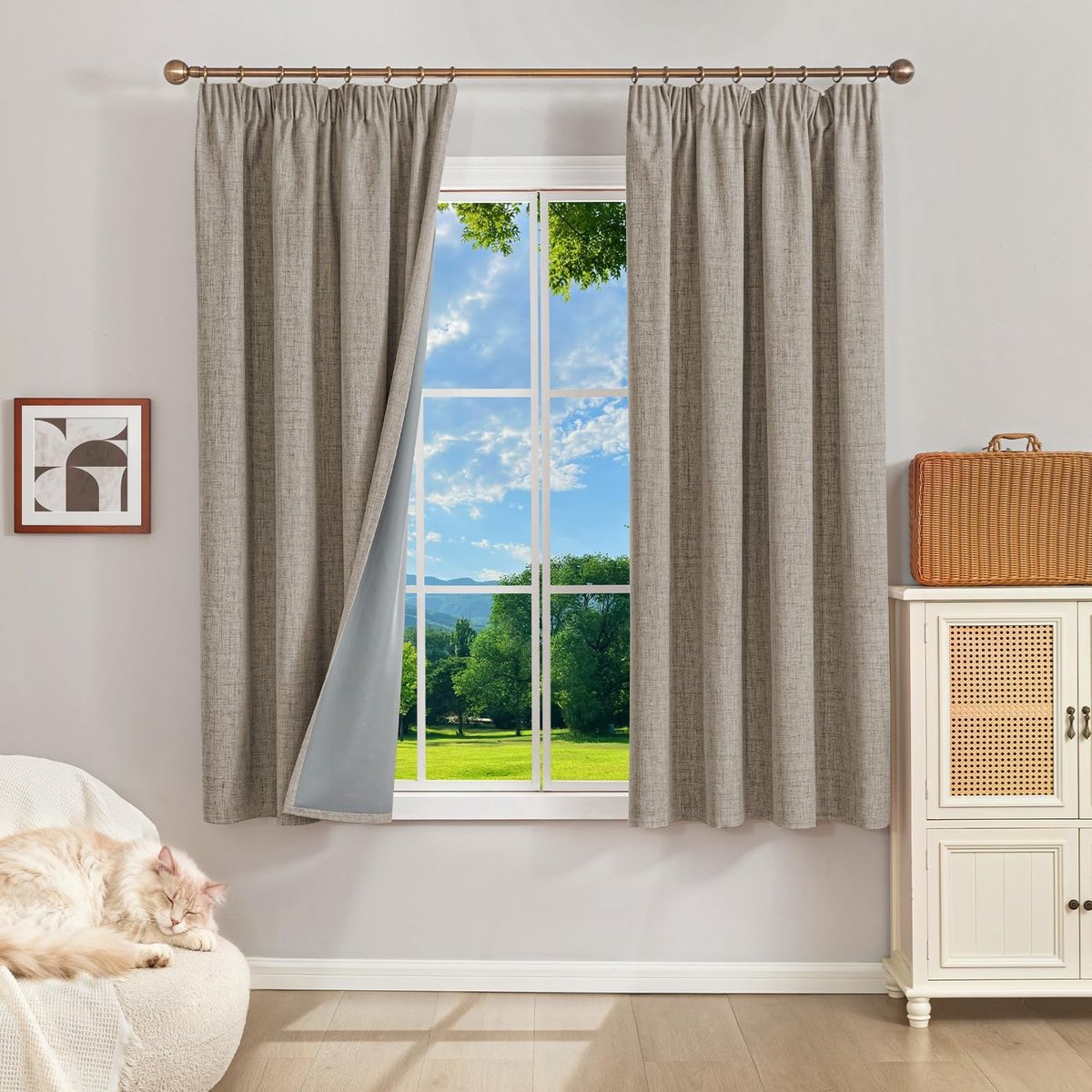 100% verduisteringsgordijnen thermogordijnen koudbescherming gordijnen met plooiband 160 x 140 cm (HxB) set van 2, linnenlook gordijnen ondoorzichtig linnen, schuifgordijnen woonkamer gordijn