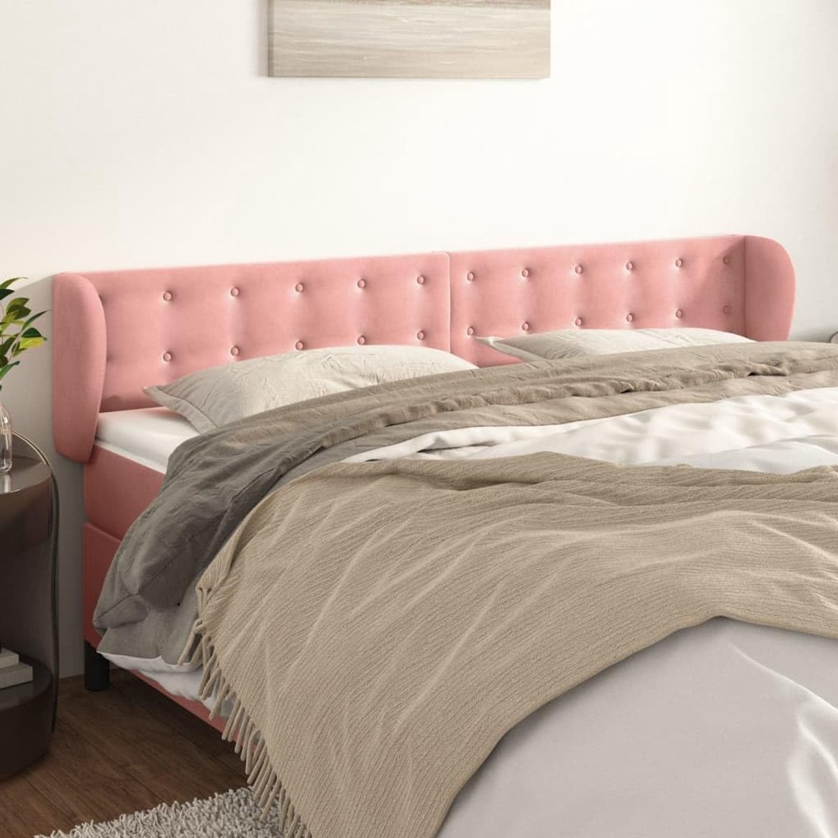 Hoofdeinde met oren, roze, 203 x 23 x 78/88 cm, fluweel, voor de slaapkamer, hotelhoofdeinde, werkkamer, voor slaapkamer, tweede slaapkamer, hotel