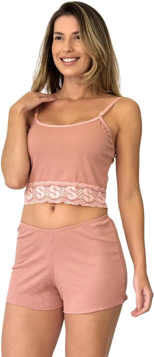 Damespyjama voor de zomer, kort, mouwloos, met kanten rand, korte pyjama voor dames, tweedelig, zacht en comfortabel