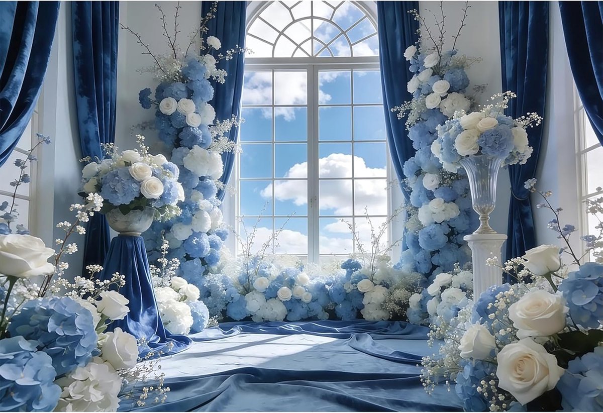 2,2 x 1,5 m Franse Raam Achtergrond Romantische Blauw Witte Bloemen Meisje Verjaardag Bruiloft Fotografie Achtergronden Bruids Douche Meisjes Boudoir Decoratie Banner Studio Portret Foto