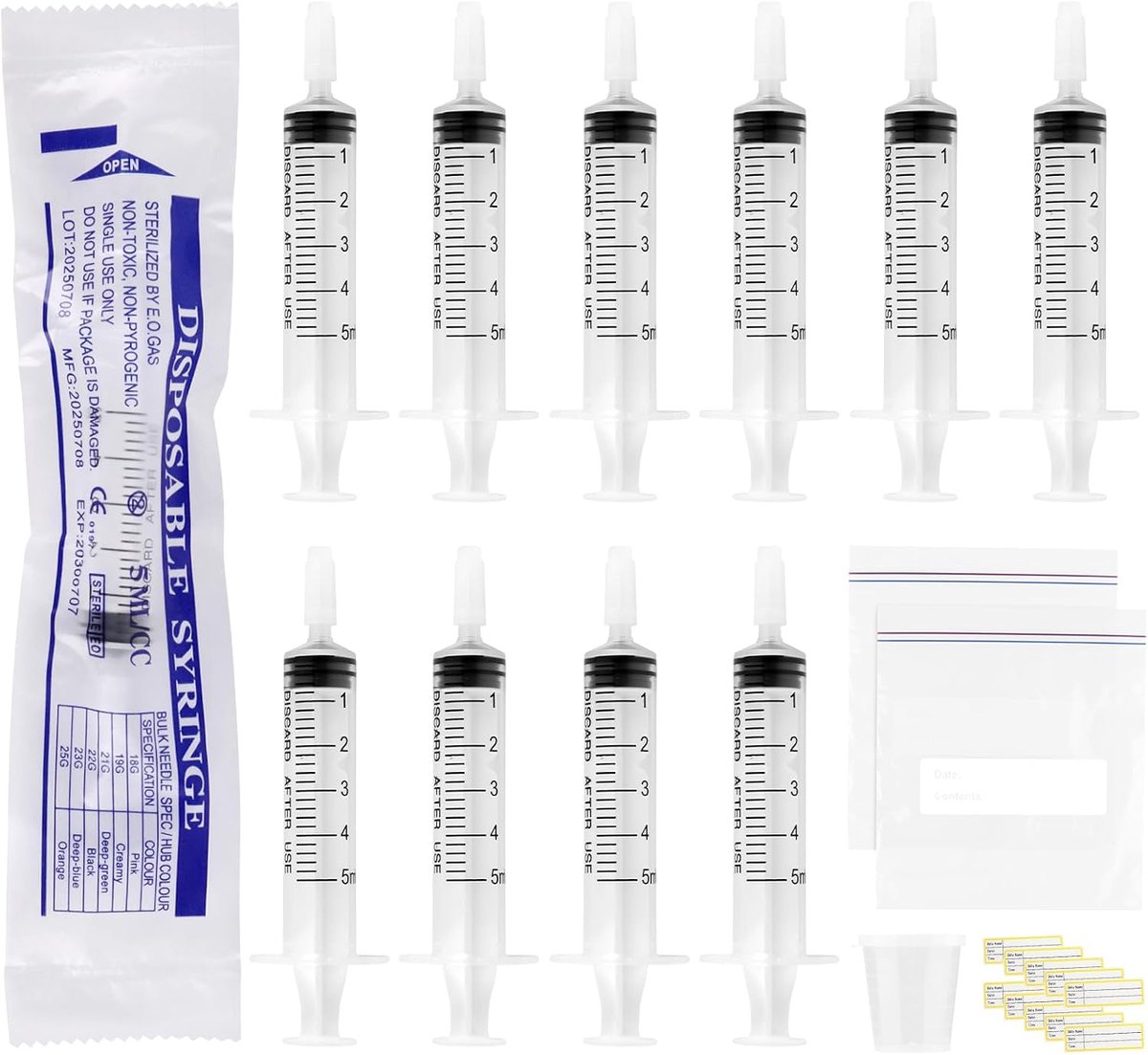 Spuiten met doppen, Colostrum Collector Kit met maatbeker, opbergtas en sticker, voor het bijvullen, meten van vloeistoffen, wetenschappelijke (20, 5ml)