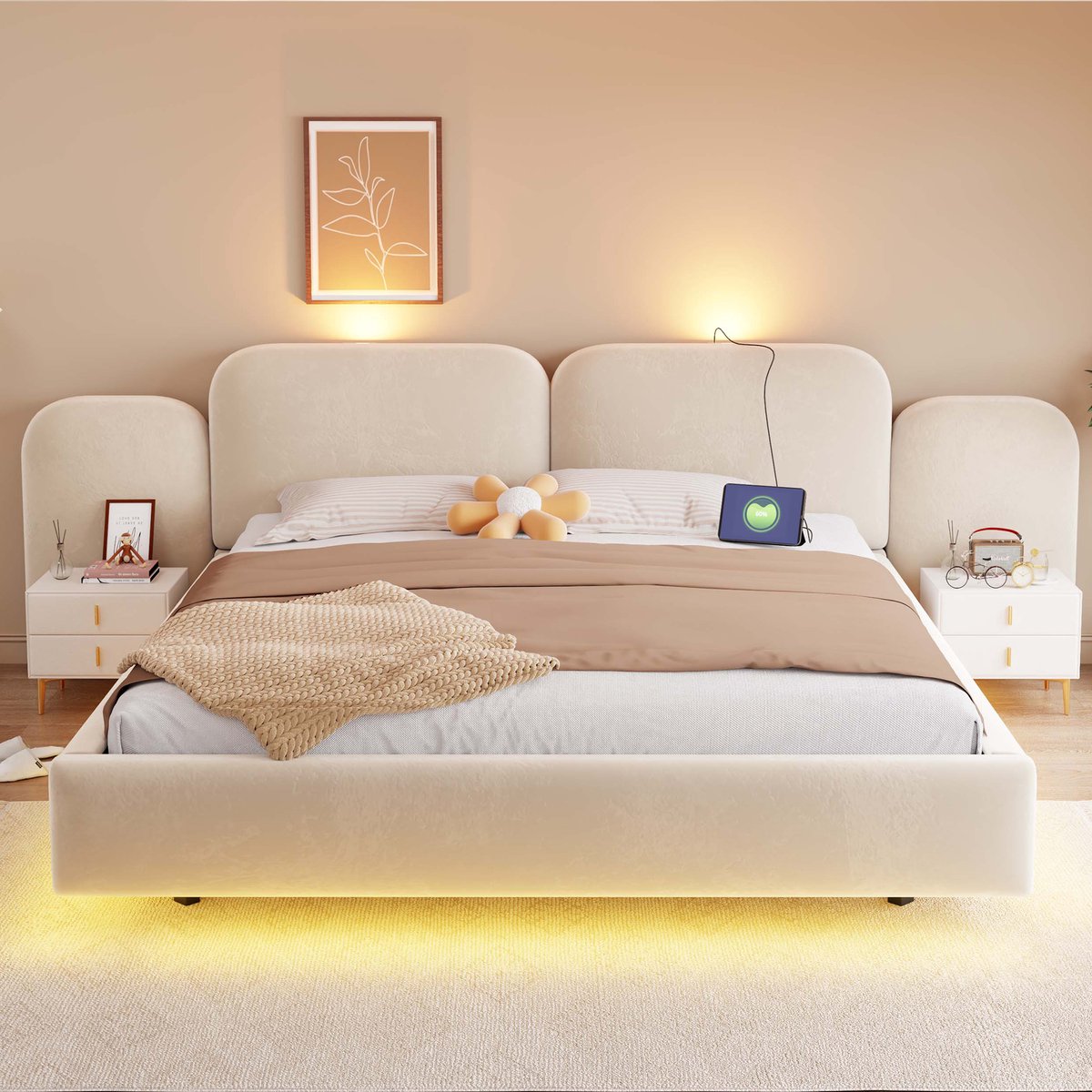 VVBV Bed met Opbergruimte 180x200 – Gestoffeerd Tweepersoonsbed van Fluweel voorzien van Lades, Lattenbodem, Opberghoofdbord en Hydraulische Opbergruimte Beige