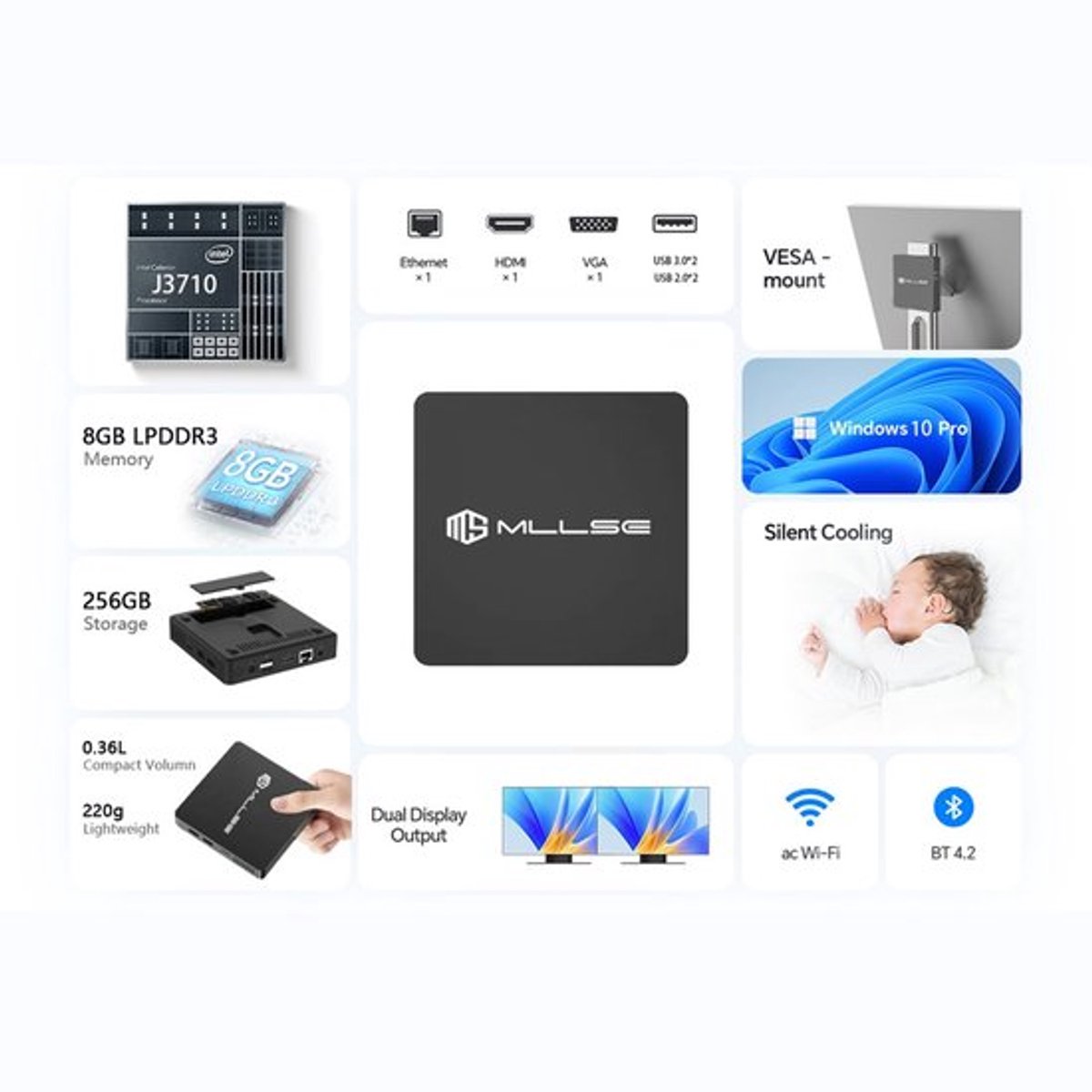 Mini Pc M2 Pro - 8GB RAM 128GB Opslag - Intel J3710 Processor - Compact Design - Windows 10 Pro