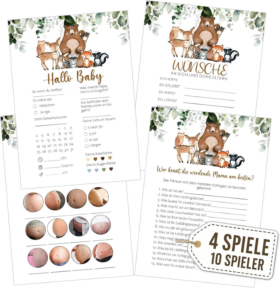 10 Gasten Babyfeest Spellen, 4 Leuke Spellen: Baby Voorspellingen, Wensen voor de Baby, Wie Kent de Mama, Schrijfbare A6 Kaarten voor Feestjes